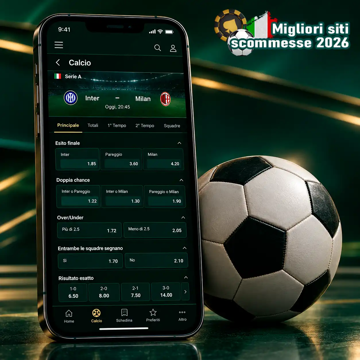 Scommesse calcio su smartphone con quote sportive e pallone come simbolo principale.